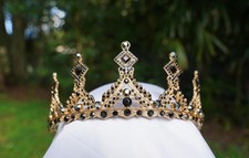 Unisex Vintage Black Gem Gold Tiara Bridal Crown Birthday Wedding Gift Diadem