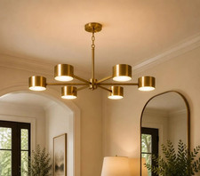 Handmade Brass Chandelier, 6 Light Mid Century Modern Ceiling Fixture