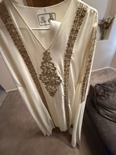 B Embroidered Kaftan Dress, Beige with Gold Accents, Women's Size 2XL