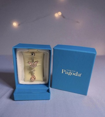 Pagoda Stainless Steel Pink CZ Butterfly Dangle Belly Button Jewelry New in Box 