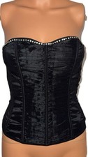 Vintage Black Bustier Rhinestone Trim Corset Top S Tags Goth Lace Up Going Out