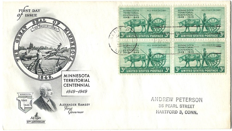 4 '49 FDCs MN Territorial Cent.,  Annapolis, Washington & Lee U, 6c Airmail