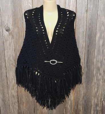 NEW Black Eyelet Hand Knitted Knit Triangle Shawl Wrap Boho Hippie Fringed