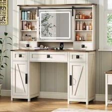 Farmhouse Makeup Vanity Desk with Sliding Mirror Large Makeup Desk with Drawers