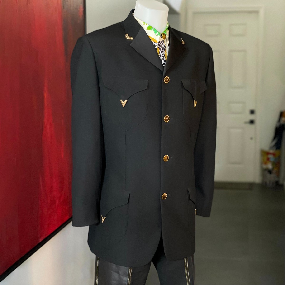 イタリア製 【ジャンニヴェルサーチェ】 (40) ニット襟ウールジャケット GIANNI VERSACE men's wool blazer w/ studded leather insert 4