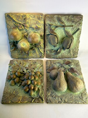 4-piece 3D Fruit Wall Plaque / Wall Hanging Art Grape, Pear, Apple,Pom 7'' x 9''