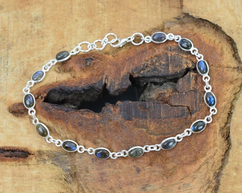 Blue Labradorite Gemstone Bracelet Handmade Bezel Setting in 925 Silver - Image 2 of 4