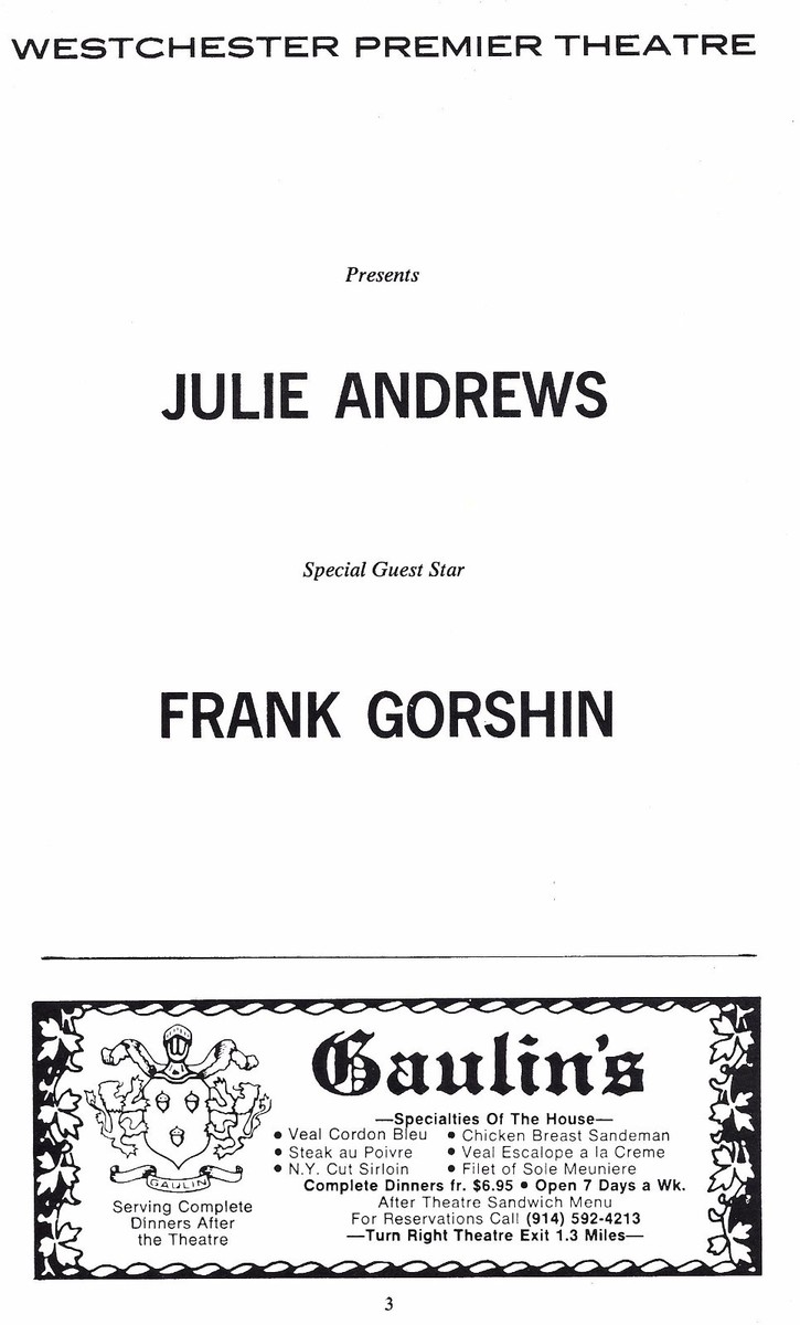 Westchester Premier JULIE ANDREWS and FRANK GORSHIN 1977 Concert