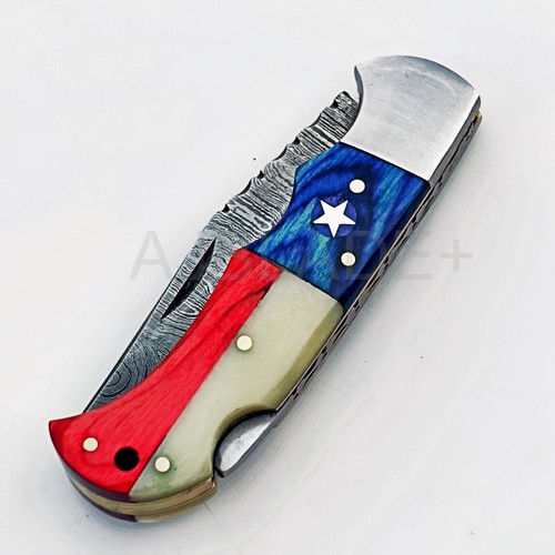 HANDMADE DAMASCUS STEEL BLADE TEXAS FLAG FOLDING POCKET KNIFE WITH SHEATH; 5990 - Picture 7 of 11