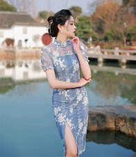Women's Qipao Cheongsam   Blue Lace Embroidered Traditional Chinese Dress