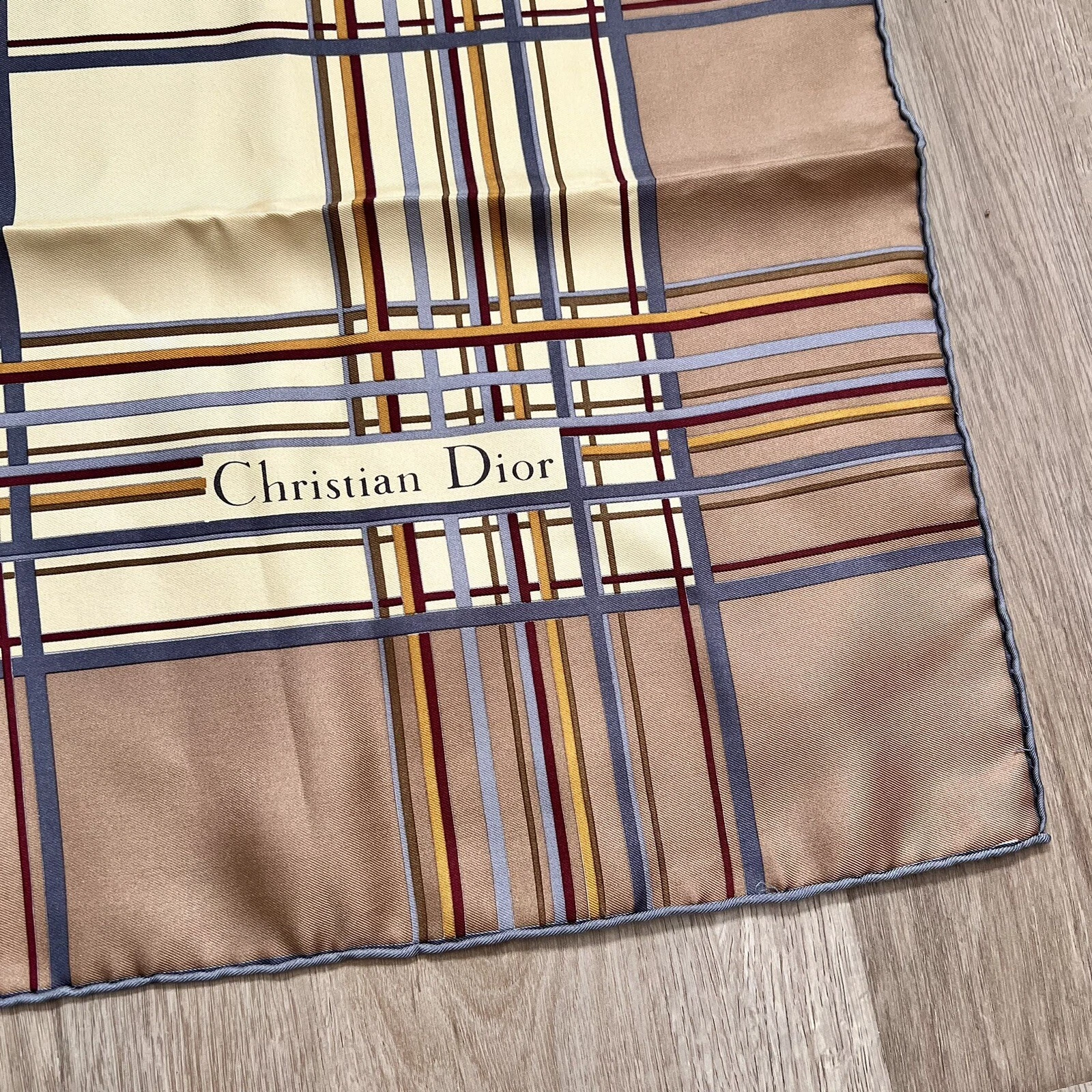 Écharpe Christian Dior 100 % soie authentique marron carré jaune 29,5'' France comme neuf