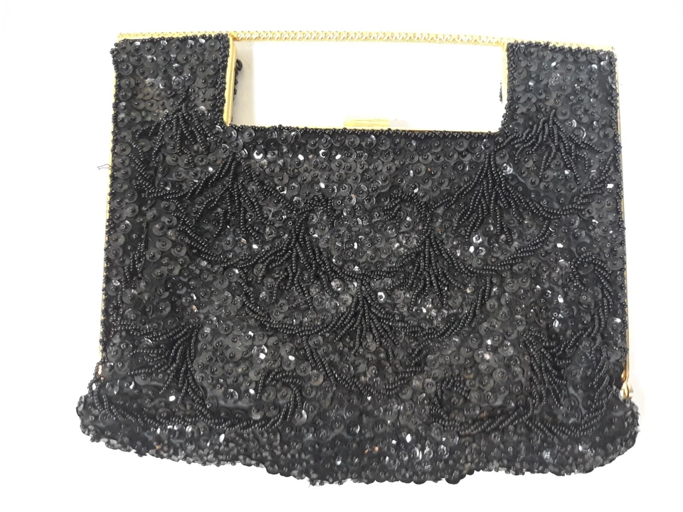 Monedero vintage Mid Century Vivant By Sarne negro con lentejuelas y cuentas Foto 3 de 4