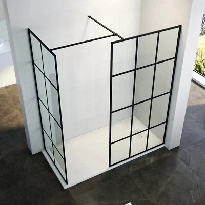 ELEGANT Black Grid Shower Enclosure And Non-slip Tray Walk In Wet Room 8mm Glass Cubicle