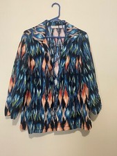 CHICOS Size 3 Multicolor gold Linen Blend 3/4 gathered sleeve Jacket pockets