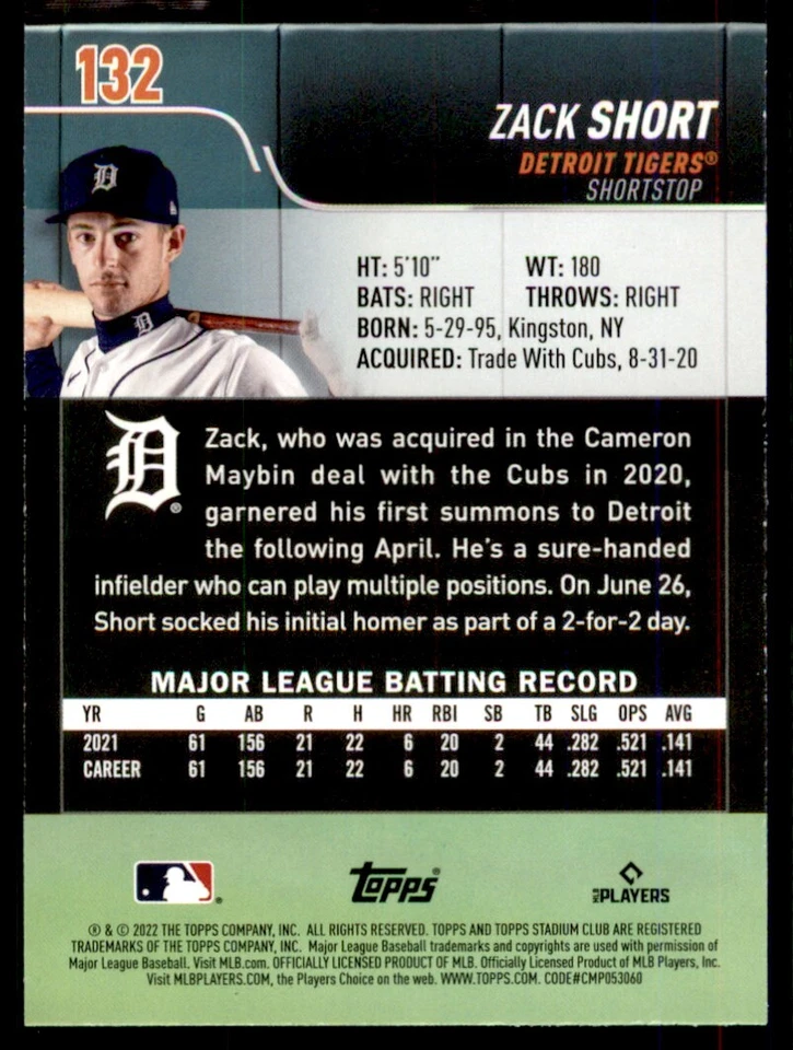 Zack Short 2022 Topps Stadium Club Rookie Card RC #132 Detroit Tigers - Image 2 of 2