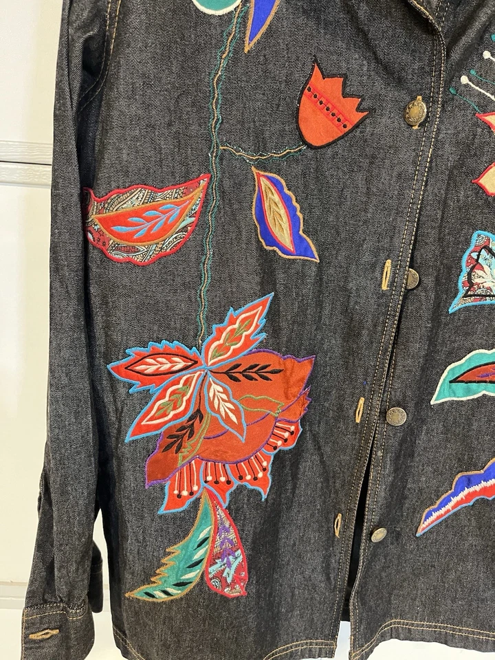 Alex Kim Vintage Denim Shirt Jacket Y2K Artsy Embroidered; Size Large - Image 3 of 4