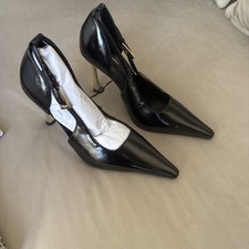 River Island black elegant pointed toe court shoes gold heels UK6 
