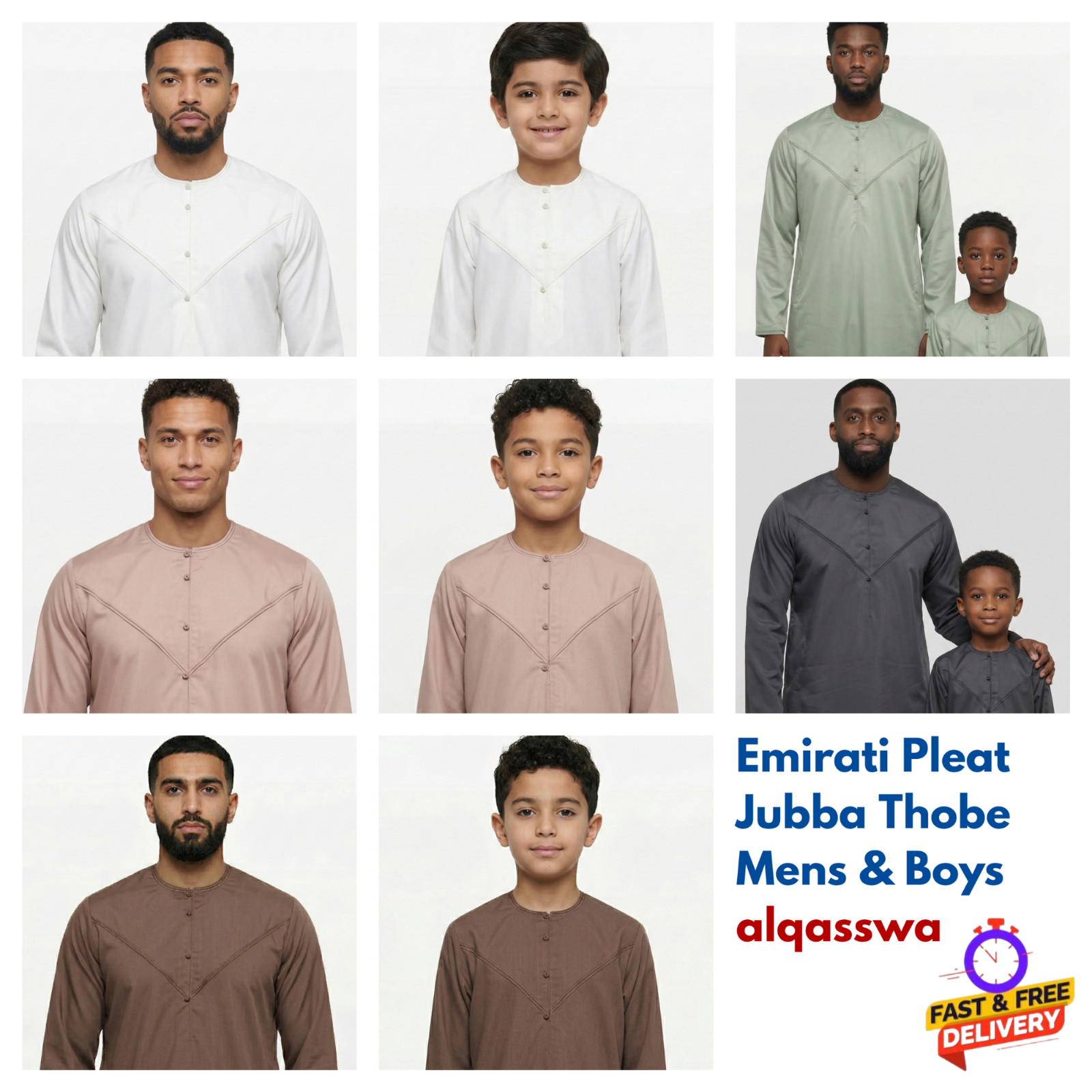 Mens & Boys Emirati UAE Style Jubba Thobe Pleat Zip Jubbah 5 Colours | alqasswa