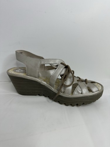 Fly London Yapi Leather Lace Up Wedge Sandals Women Sz 40W 9-9.5 US Silver Taupe - Picture 6 of 14