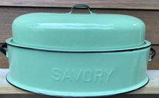 Vintage Savory Roasting Pan Jade Green Enamel Roasting Pan With Lid 13”x20”