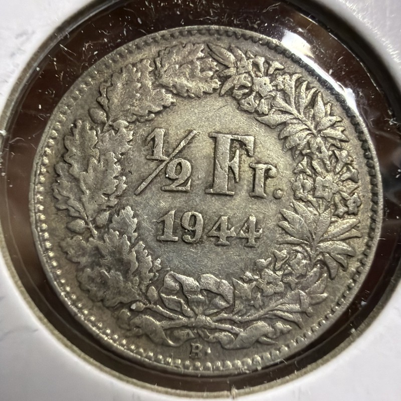 1944 B Switzerland 1/2 Franc GREAT 83.5% SILVER COIN! T468
