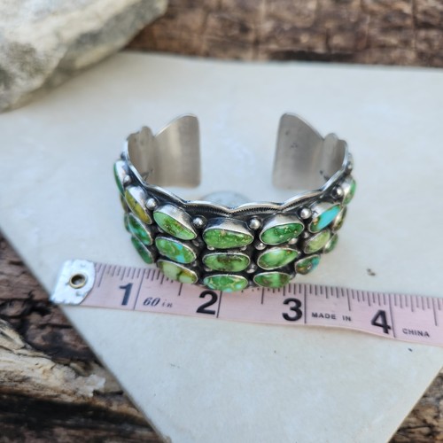 Tom Lewis Navajo Sonoran Gold Turquoise Row Cluster Wide Cuff Bracelet - Picture 18 of 18