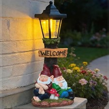 Garden Gnome Statue Welcome Sign Solar Light 15.5 in Outdoor Yard Decor Gift