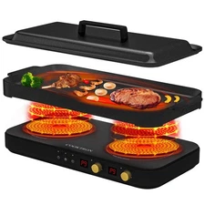 Portable Induction Cooktop 2 Burner with Removable Iron Cast Griddle Pan Non-...