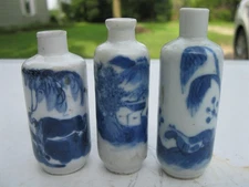 3 Chinese porcelain snuff bottles horses blue white antique c1900 used