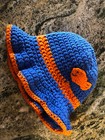 NEW Hand Crocheted Baby Bucket Hat, 0-3 Month-Newborn. Blue w/Orange Trim. Fish. — photo 3