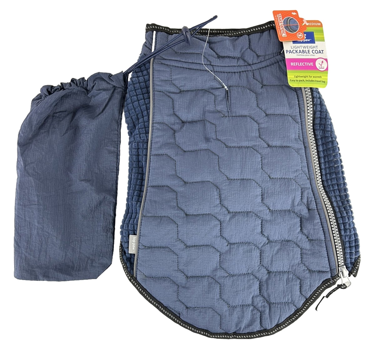Medium Lightweight￼ Packable REFLECTIVE Dog Coat Blue Quilted