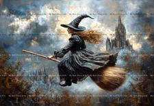WITCH FLYING ON BROOM ART PRINT, Witchy Gothic Poster, Halloween Decor D855