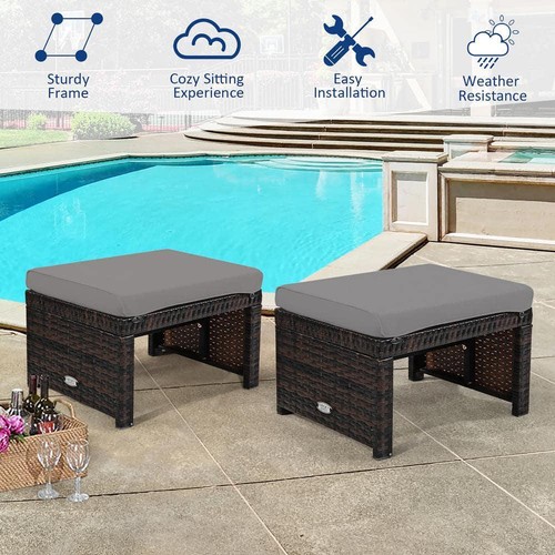 Costway Outdoor Rattan Ottoman Seat/Foot Rest 19.5" x 11" x 15.5" w/Grey Cushion - Picture 3 of 4