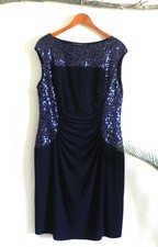 Lauren Ralph Lauren Sleeveless Dress Navy Blue Sequin Trim Jersey Boat Neck 16W
