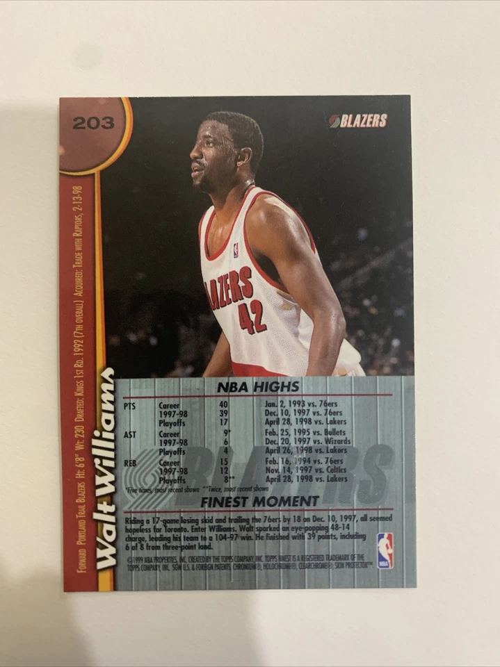 1999 Topps Finest Basketball Walt Williams Portland Trail Blazers #203 - Imagem 2 de 3