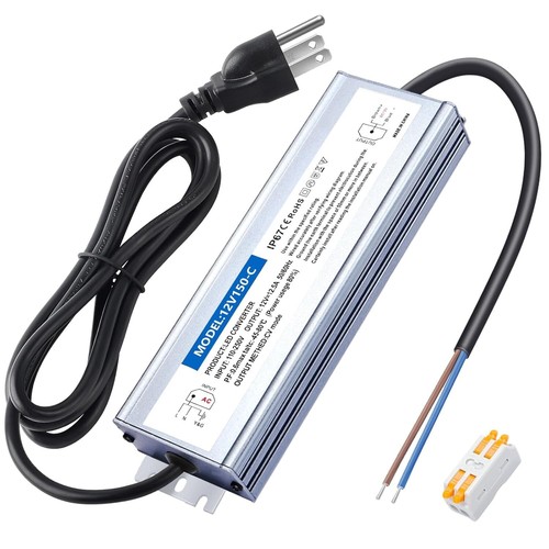 LED Driver 150 Watts Waterproof IP67, 12V DC Power Supply 12.5A, 120V AC to 12V