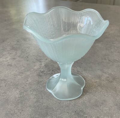 Vintage French Luminarc 1970s Sundae Glass Pedestal Fruit Dish Aqua Blue Color