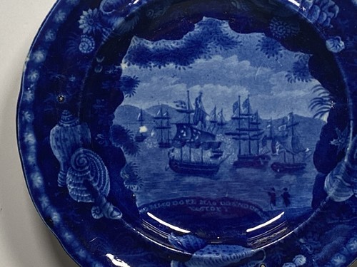 Historischer Staffordshire blauer Teller Macdonough's Victory selten klein Größe 6 1/2 - Bild 2 von 6