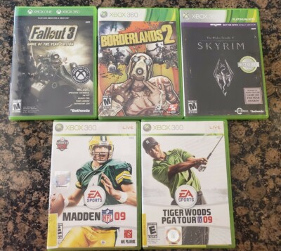 Xbox 360 Video Game Bundle Lot 5 Games Fallout 3, Borderlands 2, Skyrim TESTED