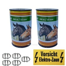 Weidezaunband 10 mm  4 Niro +5 Verbinder+1 Warnschild  400 Meter gelb-orange