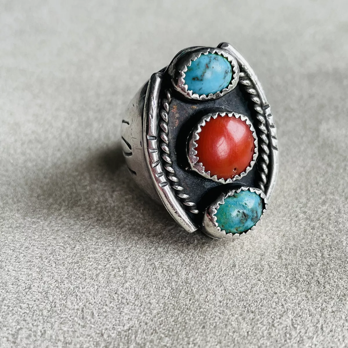 Vintage Native American Turquoise And Coral Sterling Silver 34.5g
