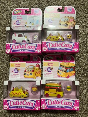 Lot of 4 Shopkins Cutie Cars: Zoomy Noodles, Burger, Hot Dog, Choc Chip Racer