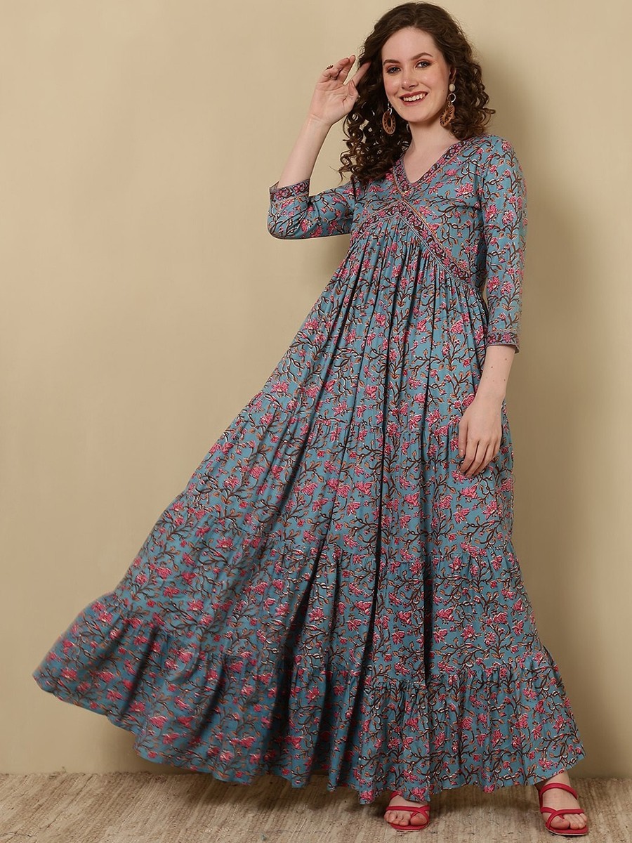 Indian Women Blue Rayon Floral Printed Anarkali Flared Long Dress Kurta  Kurti - Main Image