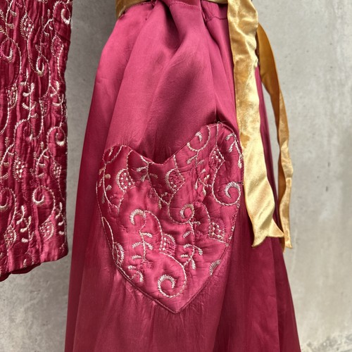 Vintage 1930s 1940s Red Wine Rayon Satin Robe Dress Heart Pocket Embroidered - Picture 2 of 11