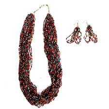 Heavy Beaded Multi Strand Necklace Earring Set Fall Colors Approx 32" Long EUC