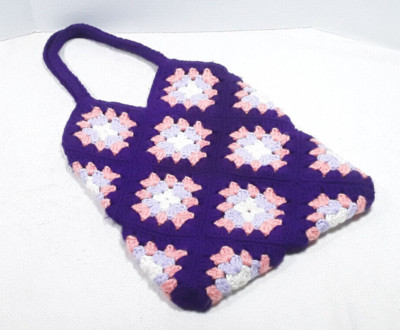 Crochet Granny Square Bag Purse Shoulder Tote Purple Pink Lined Inside BOHO EUC