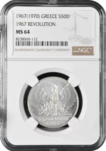 Greece 50 drachmai 1967, NGC MS64, "The coup d'état of 21 April" silver coin