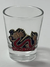 HONG KONG SOUVENEIR SHOT GLASS WITH METAL DRAGON DECOR