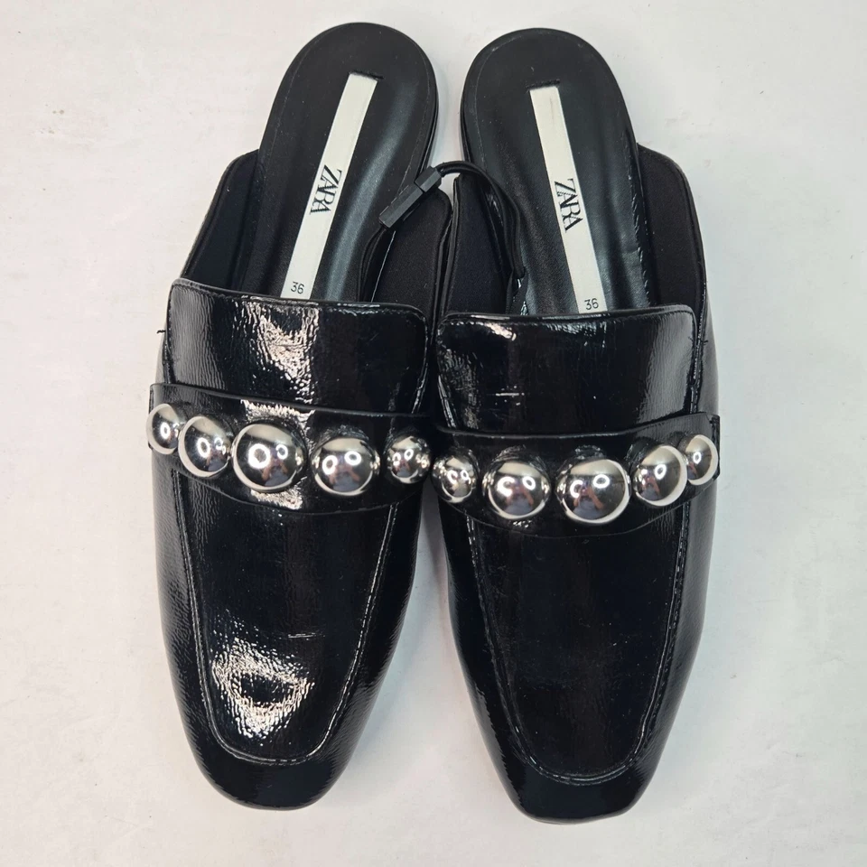 Zara Square Toe Mule Shoes Size 6 Patent Leather Studded Slip On Preppy Loafers - Image 2 of 4