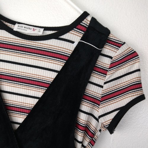 Knit Works Pinafore Dress Outfit Girl's Large 14 Black Striped T-shirt Bib Skirt - Picture 7 of 10